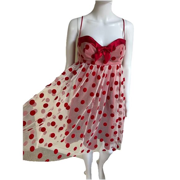 Betsey Johnson Polka Dot Mesh Babydoll Dress Womens 10 Red Pink Valentine - Picture 9 of 16